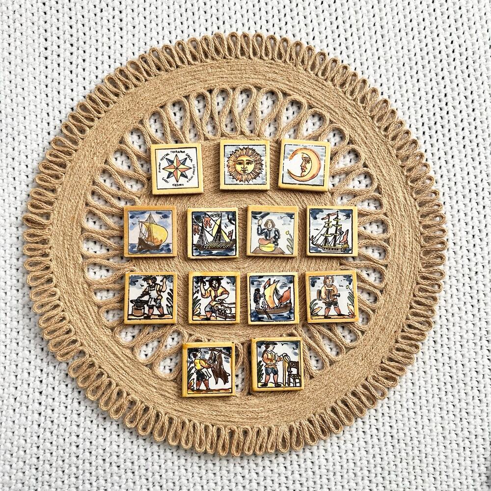 Set of 13 Hand Painted Italian Harvest Ceramic Tiles 2” Sun Moon Mini Tiles